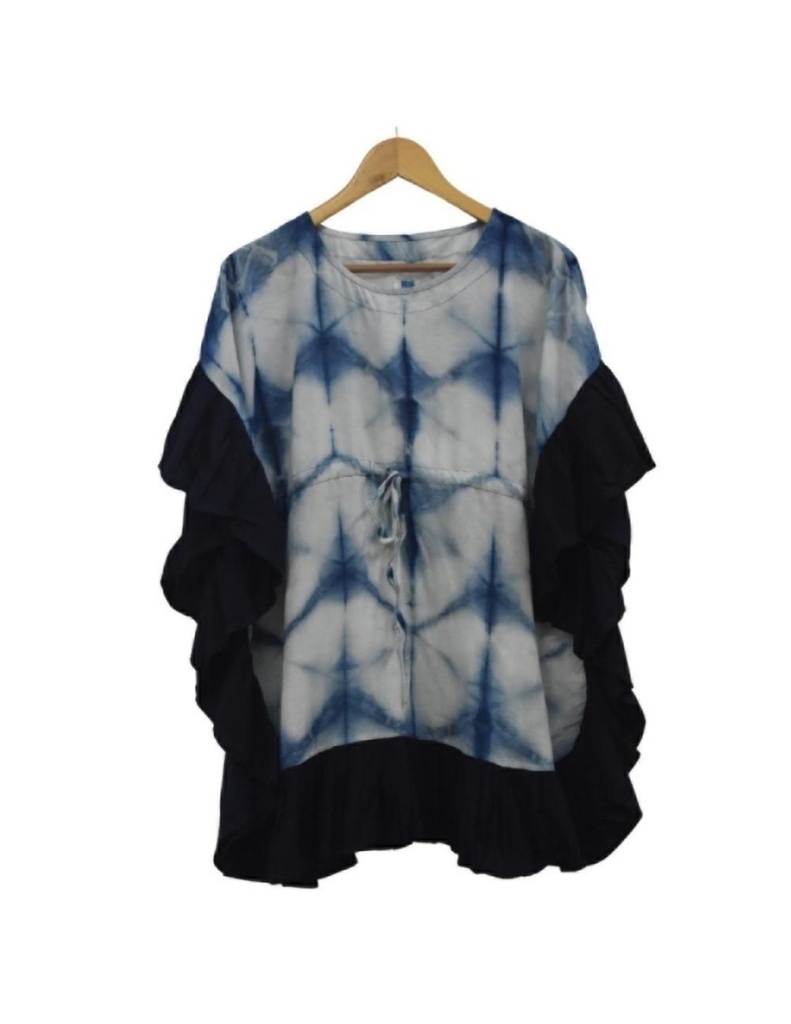 WRINKLE W STRING TOP, WHITE-BLUE, SHIBORI PLAIN, COTTON