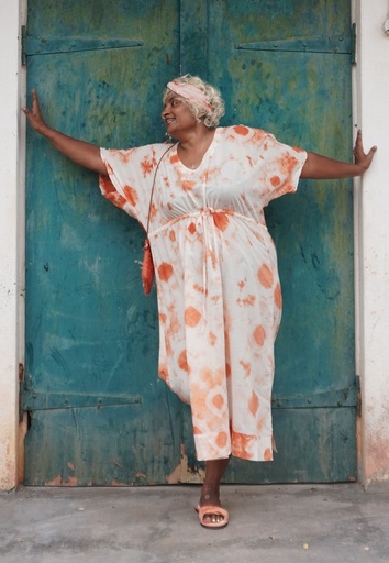 [KAF-MAX-OR_WH-SHI-COT/0S] MAXI STRING KAFTAN, ORANGE-WHITE, SHIBORI, COTTON